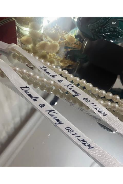 Dökülen İncili Söz Nişan Saten Yüzük Kurdelesi