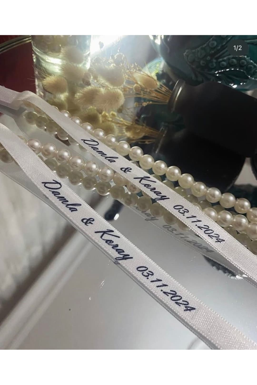 Dökülen İncili Söz Nişan Saten Yüzük Kurdelesi