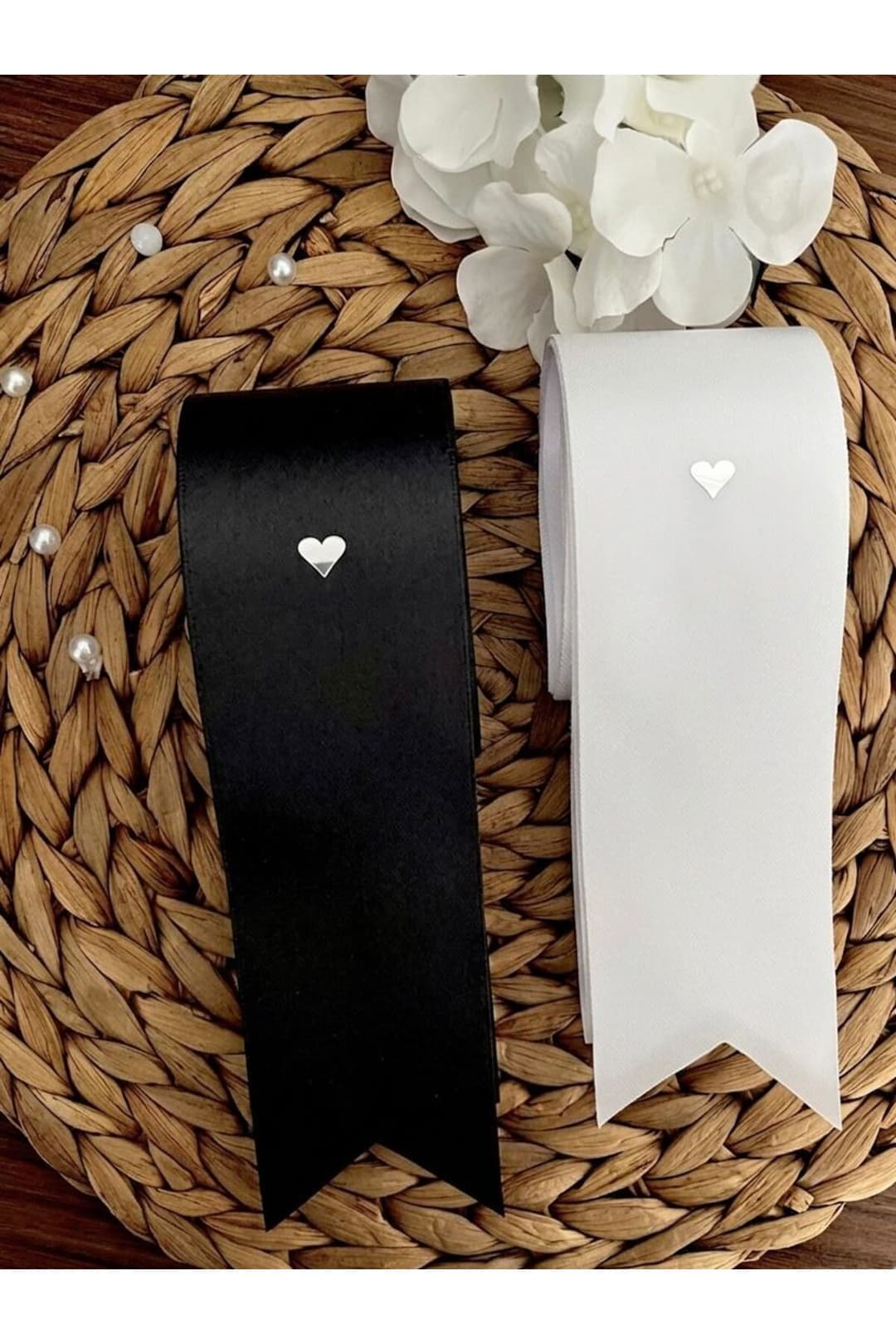 Düğün Nişan Gelin Damat Gümüş Kalp Baskılı Takı Kurdelesi