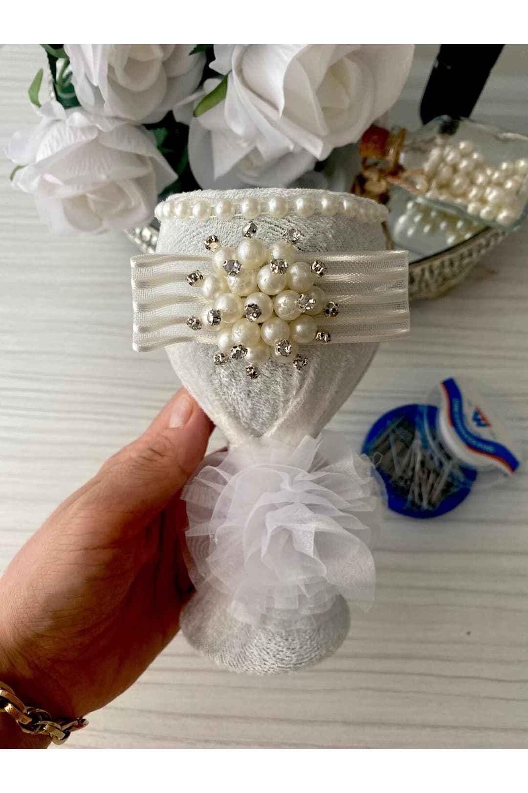 Beyaz Nikah Düğün İçin Kurdele Süslemeli İğnelik Kına Gecesi İğne Sünnet Gelin Damat Söz Nişan
